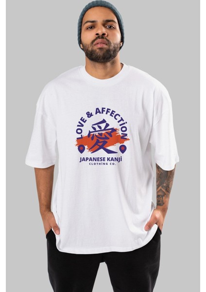 Love Affection Japanese Ön Baskılı Beyaz Oversize T-Shirt Erkek Kadın Bisiklet Yaka indirimleri
