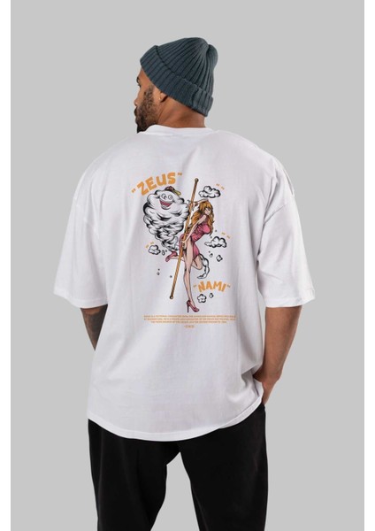 Zeus Nami Anime Arka Baskılı Beyaz Oversize T-Shirt Pamuk Erkek Kadın fırsatları