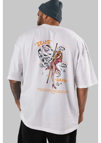 Zeus Nami Anime Arka Baskılı Beyaz Oversize T-Shirt Pamuk Erkek Kadın indirimleri