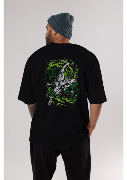 Zoro-One Pıece (2) Anime Arka Baskılı Siyah Oversize T-Shirt Erkek Kadın modelleri