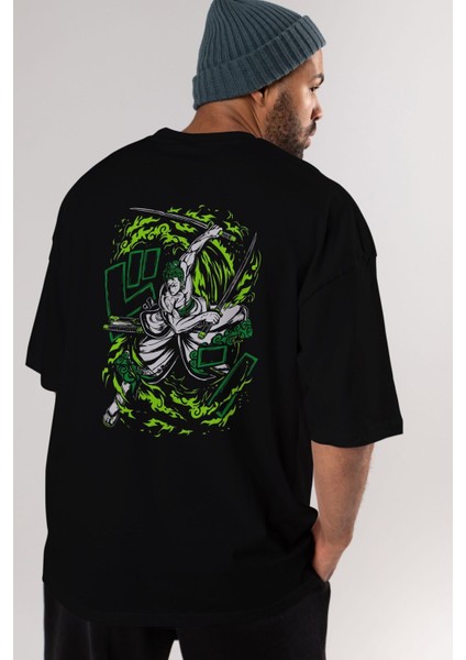 Zoro-One Pıece (2) Anime Arka Baskılı Siyah Oversize T-Shirt Erkek Kadın fırsatları