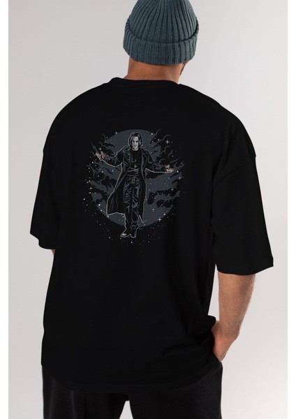 The Crow Arka Baskılı Siyah Oversize T-Shirt Erkek Kadın Bisiklet Yaka