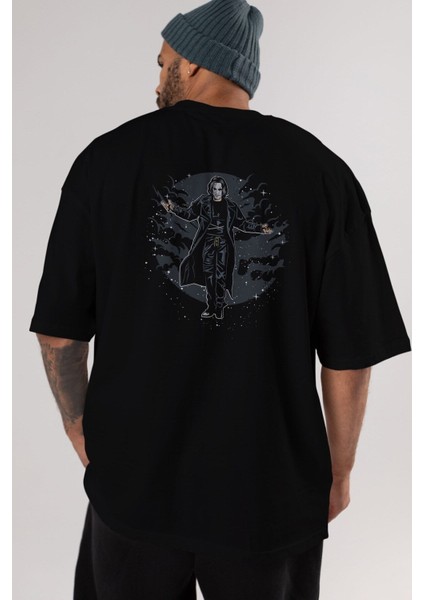 The Crow Arka Baskılı Siyah Oversize T-Shirt Erkek Kadın Bisiklet Yaka modelleri