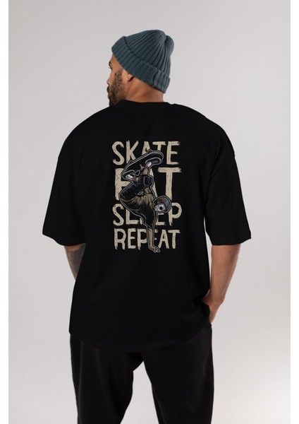 Skate Eat Sleep Repeat Arka Baskılı Siyah Oversize T-Shirt Erkek Kadın Bisiklet Yaka indirimleri