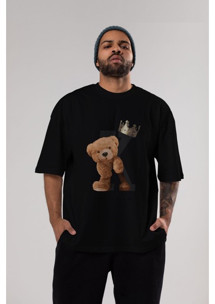 Teddy Bear Born To Be King Ön Baskılı Siyah Oversize T-Shirt Erkek Kadın Bisiklet Yaka