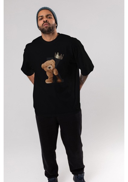 Teddy Bear Born To Be King Ön Baskılı Siyah Oversize T-Shirt Erkek Kadın Bisiklet Yaka fiyatları