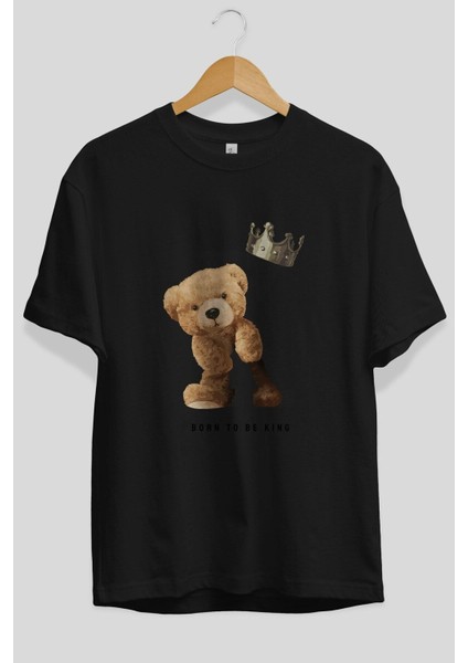 Teddy Bear Born To Be King Ön Baskılı Siyah Oversize T-Shirt Erkek Kadın Bisiklet Yaka modelleri