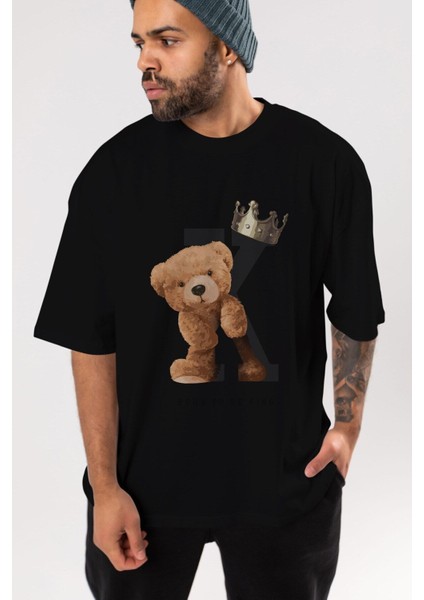Teddy Bear Born To Be King Ön Baskılı Siyah Oversize T-Shirt Erkek Kadın Bisiklet Yaka fırsatları