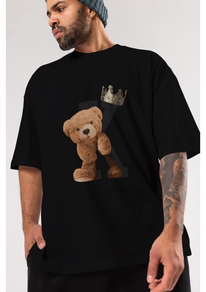 Teddy Bear Born To Be King Ön Baskılı Siyah Oversize T-Shirt Erkek Kadın Bisiklet Yaka indirimleri