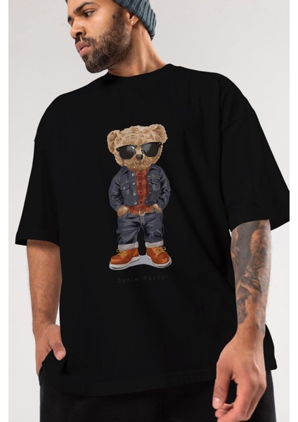 Teddy Bear Tarz Ön Baskılı Siyah Oversize T-Shirt Erkek Kadın Bisiklet Yaka modelleri