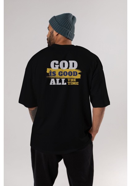 God Is Good Yazılı Arka Baskılı Siyah Oversize T-Shirt Erkek Kadın Bisiklet Yaka modelleri