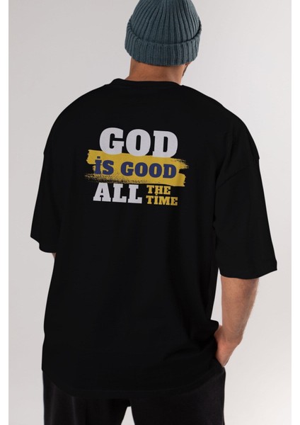 God Is Good Yazılı Arka Baskılı Siyah Oversize T-Shirt Erkek Kadın Bisiklet Yaka fırsatları