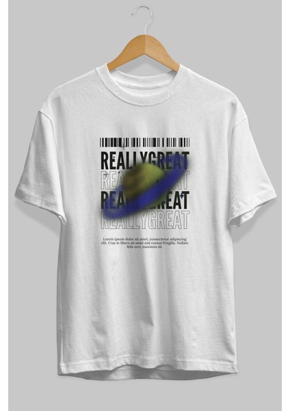 Really Great 2 Yazılı Ön Baskılı Beyaz Oversize T-Shirt Erkek Kadın Bisiklet Yaka fiyatları