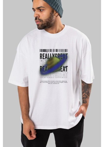 Really Great 2 Yazılı Ön Baskılı Beyaz Oversize T-Shirt Erkek Kadın Bisiklet Yaka modelleri