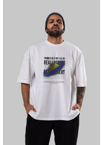 Really Great 2 Yazılı Ön Baskılı Beyaz Oversize T-Shirt Erkek Kadın Bisiklet Yaka fırsatları