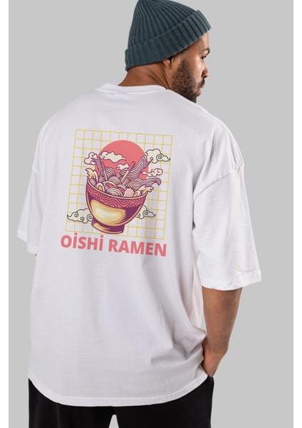 Oishi Ramen Yazılı Arka Baskılı Beyaz Oversize T-Shirt Erkek Kadın Bisiklet Yaka