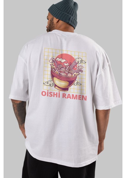 Oishi Ramen Yazılı Arka Baskılı Beyaz Oversize T-Shirt Erkek Kadın Bisiklet Yaka modelleri
