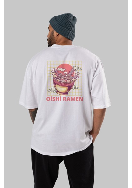 Oishi Ramen Yazılı Arka Baskılı Beyaz Oversize T-Shirt Erkek Kadın Bisiklet Yaka fırsatları
