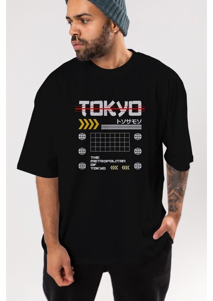 The Metropolitan Tokyo Ön Baskılı Siyah Oversize T-Shirt Erkek Kadın Bisiklet Yaka