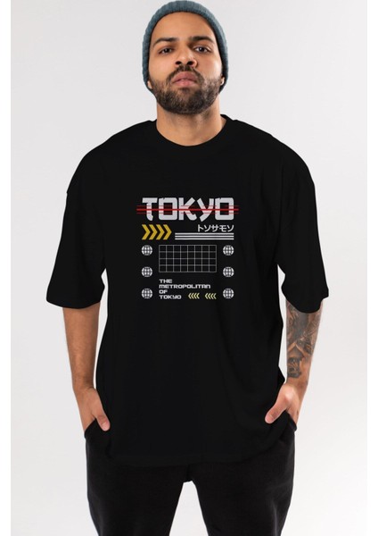 The Metropolitan Tokyo Ön Baskılı Siyah Oversize T-Shirt Erkek Kadın Bisiklet Yaka fırsatları