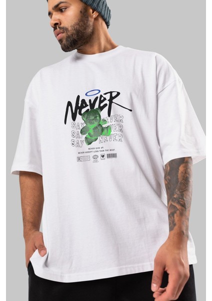 Teddy Bear Never Ön Baskılı Beyaz Oversize T-Shirt Erkek Kadın Bisiklet Yaka