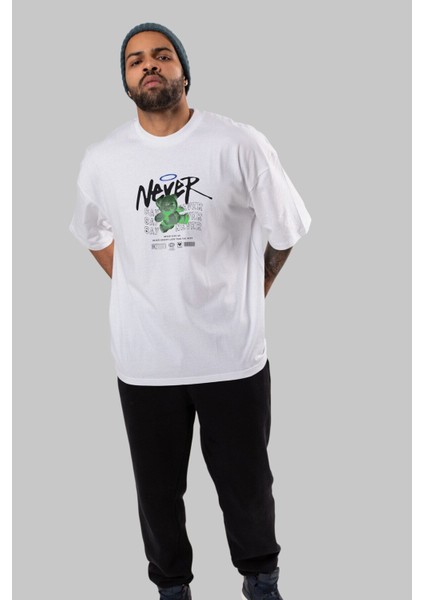 Teddy Bear Never Ön Baskılı Beyaz Oversize T-Shirt Erkek Kadın Bisiklet Yaka fiyatları