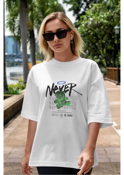 Teddy Bear Never Ön Baskılı Beyaz Oversize T-Shirt Erkek Kadın Bisiklet Yaka fırsatları