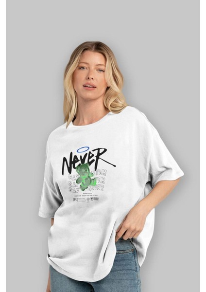 Teddy Bear Never Ön Baskılı Beyaz Oversize T-Shirt Erkek Kadın Bisiklet Yaka indirimleri