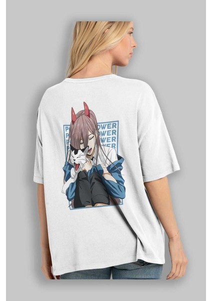 Power Chaınsawman Anime Arka Baskılı Beyaz Oversize T-Shirt Pamuk Erkek Kadın modelleri