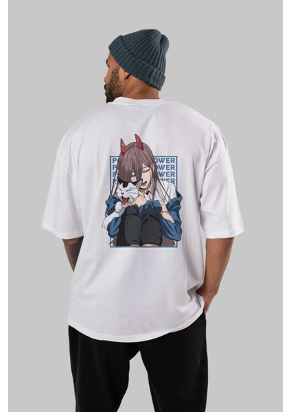 Power Chaınsawman Anime Arka Baskılı Beyaz Oversize T-Shirt Pamuk Erkek Kadın fırsatları