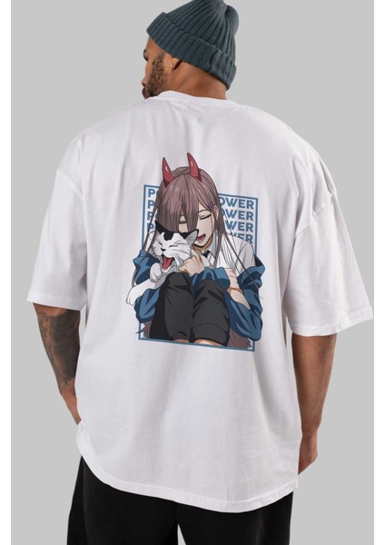 Power Chaınsawman Anime Arka Baskılı Beyaz Oversize T-Shirt Pamuk Erkek Kadın indirimleri