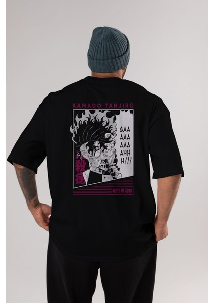 Tanjıro Kamado 3 Anime Arka Baskılı Siyah Oversize T-Shirt Erkek Kadın modelleri