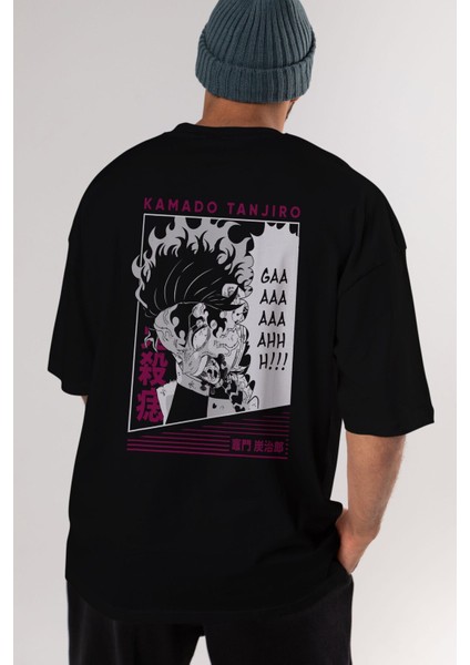 Tanjıro Kamado 3 Anime Arka Baskılı Siyah Oversize T-Shirt Erkek Kadın fırsatları