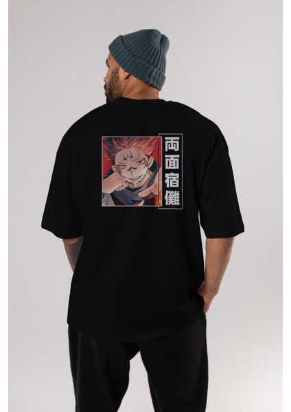 Sukuna Ryoumen 4 Anime Arka Baskılı Siyah Oversize T-Shirt Erkek Kadın