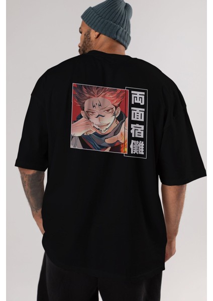 Sukuna Ryoumen 4 Anime Arka Baskılı Siyah Oversize T-Shirt Erkek Kadın fırsatları