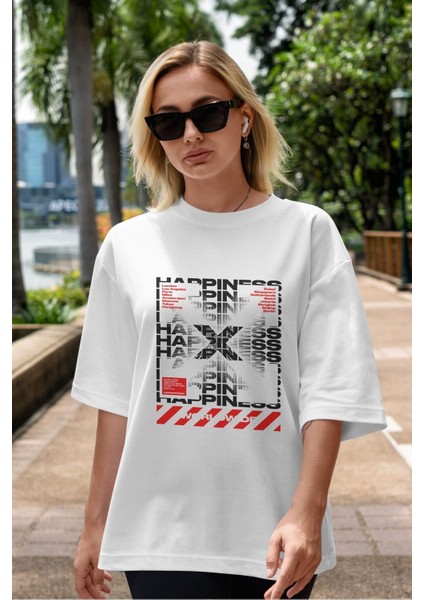 Happiness Worldwide Ön Baskılı Beyaz Oversize T-Shirt Erkek Kadın Bisiklet Yaka indirimleri