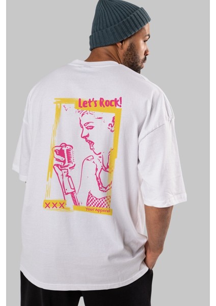 Let's Rock Yazılı Arka Baskılı Beyaz Oversize T-Shirt Erkek Kadın Bisiklet Yaka