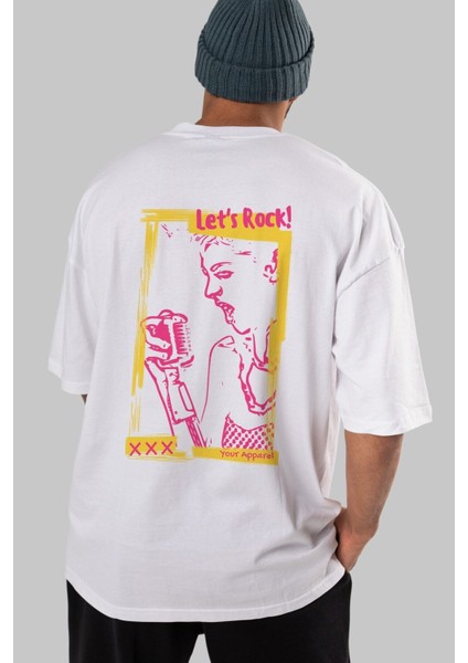 Let's Rock Yazılı Arka Baskılı Beyaz Oversize T-Shirt Erkek Kadın Bisiklet Yaka