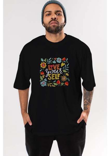 Love Yourself Yazılı Ön Baskılı Siyah Oversize T-Shirt Erkek Kadın Bisiklet Yaka