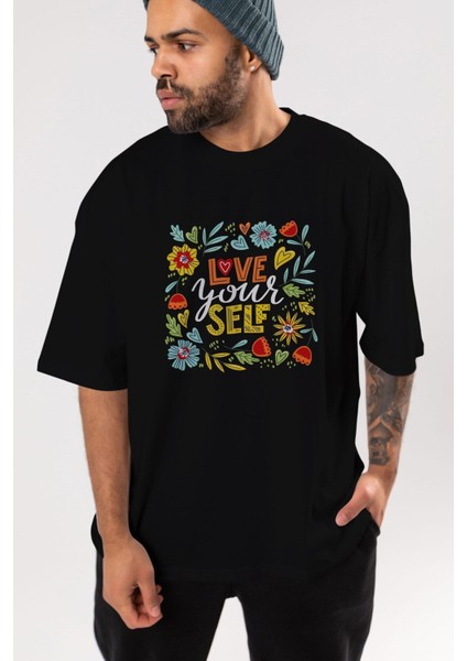 Love Yourself Yazılı Ön Baskılı Siyah Oversize T-Shirt Erkek Kadın Bisiklet Yaka fiyatları