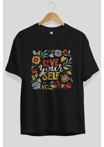 Love Yourself Yazılı Ön Baskılı Siyah Oversize T-Shirt Erkek Kadın Bisiklet Yaka fırsatları