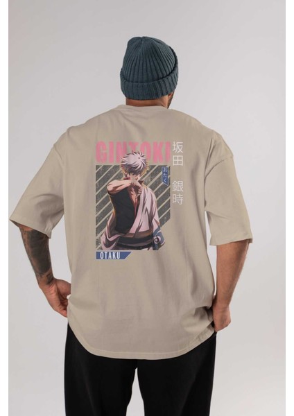 Gintoki Sakata Anime Arka Baskılı Bej Oversize T-Shirt %100 Pamuk Erkek Kadın