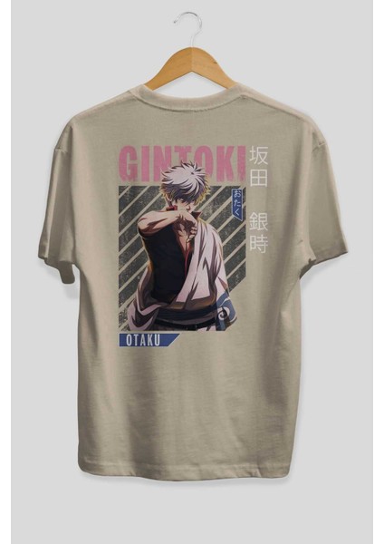 Gintoki Sakata Anime Arka Baskılı Bej Oversize T-Shirt %100 Pamuk Erkek Kadın fiyatları