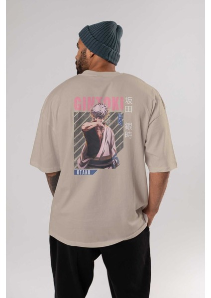 Gintoki Sakata Anime Arka Baskılı Bej Oversize T-Shirt %100 Pamuk Erkek Kadın fırsatları