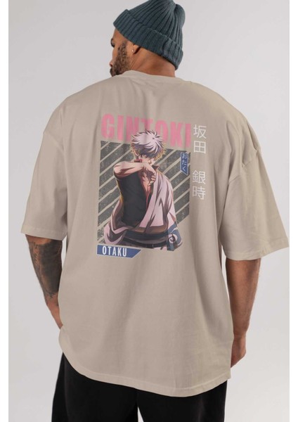 Gintoki Sakata Anime Arka Baskılı Bej Oversize T-Shirt %100 Pamuk Erkek Kadın indirimleri