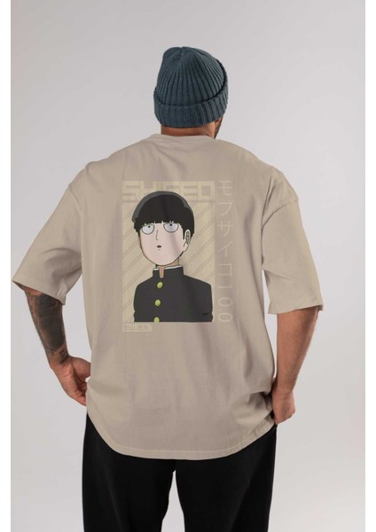 Shigeo Kageyama 2 Anime Arka Baskılı Bej Oversize T-Shirt %100 Pamuk Erkek Kadın