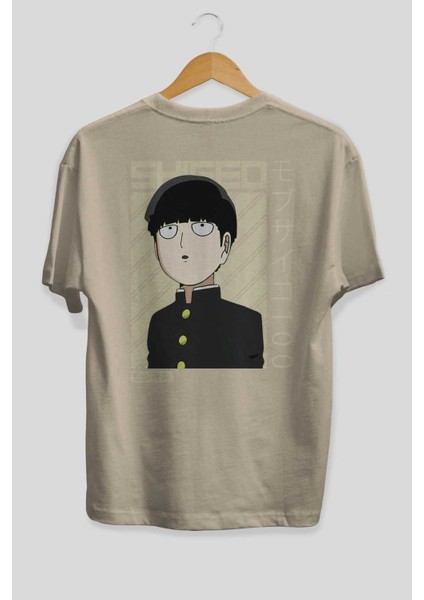 Shigeo Kageyama 2 Anime Arka Baskılı Bej Oversize T-Shirt %100 Pamuk Erkek Kadın fiyatları