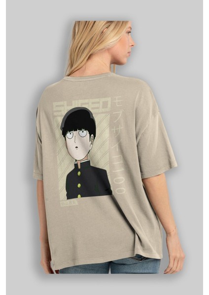 Shigeo Kageyama 2 Anime Arka Baskılı Bej Oversize T-Shirt %100 Pamuk Erkek Kadın modelleri