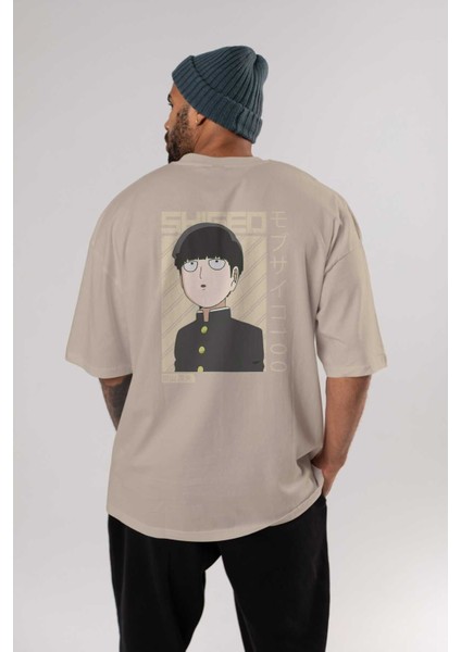 Shigeo Kageyama 2 Anime Arka Baskılı Bej Oversize T-Shirt %100 Pamuk Erkek Kadın fırsatları