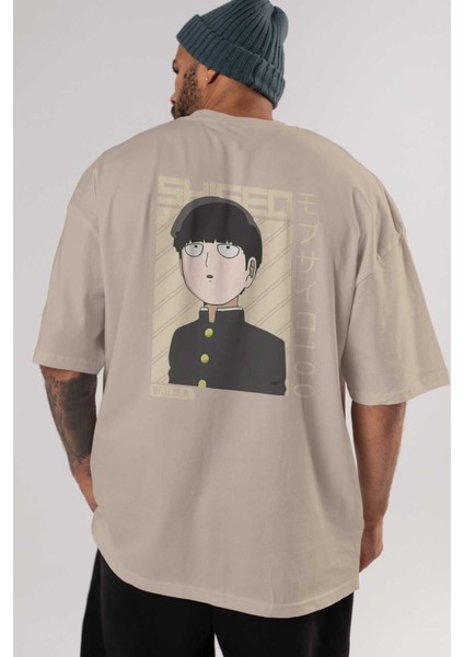 Shigeo Kageyama 2 Anime Arka Baskılı Bej Oversize T-Shirt %100 Pamuk Erkek Kadın indirimleri
